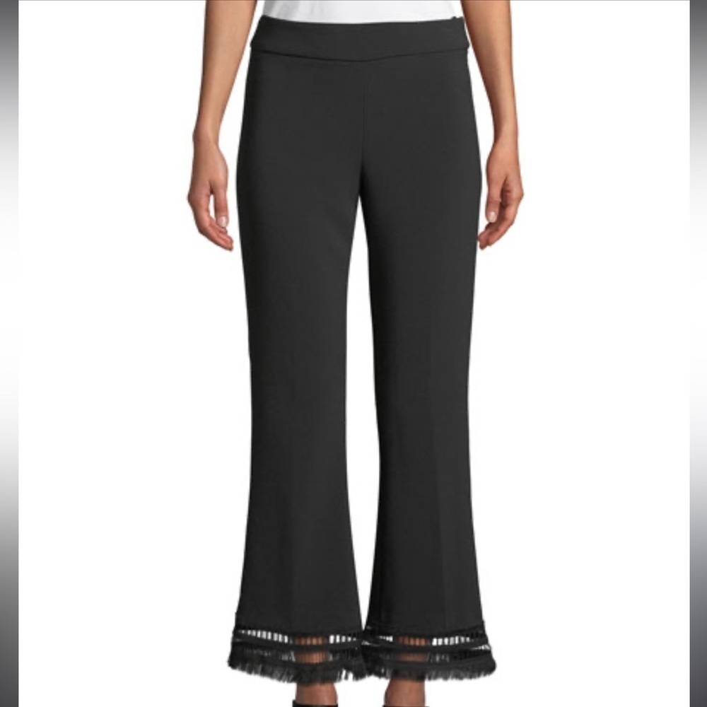 LELA ROSE Sam Flared Crepe Pants with Fringe-Hem